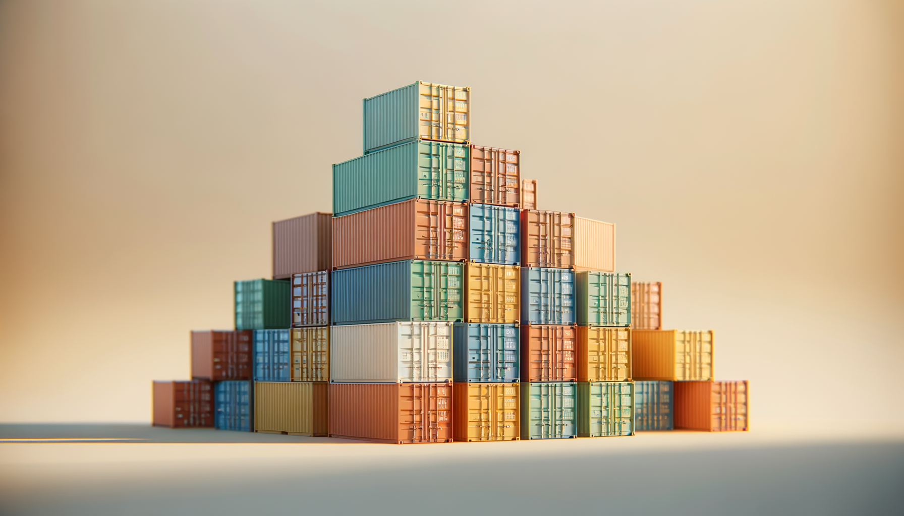 Stacked colorful shipping containers forming a pyramid shape on a flat surface against a plain background.