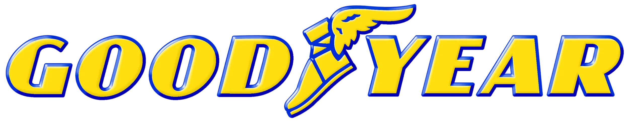 Colorful logo with yellow and blue text reading 'Good Year', featuring a winged foot and a winged emblem.