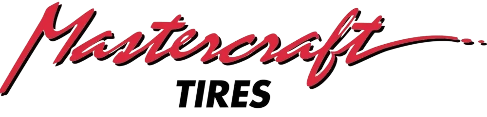 Logo of Mastercraft Tires with red script font for 'Mastercraft' and black capital letters for 'Tires'.