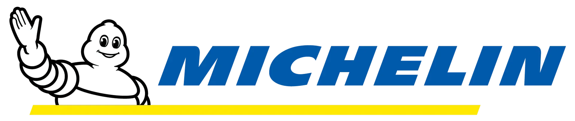 Michelin mascot Bibendum waving, with the word 'Michelin' in blue text and a yellow underline.
