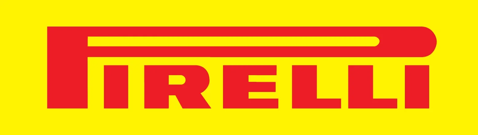 Pirelli logo with red text on a yellow background.