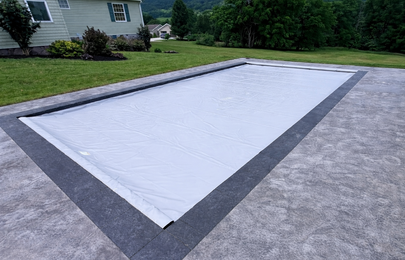 A rectangular swimming pool is covered with a white automatic pool cover, surrounded by a dark border and set in a concrete patio.
