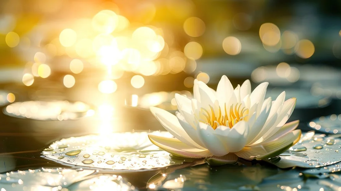 A white water lily floating on a pond with water droplets, illuminated by warm sunlight and a blurred background.