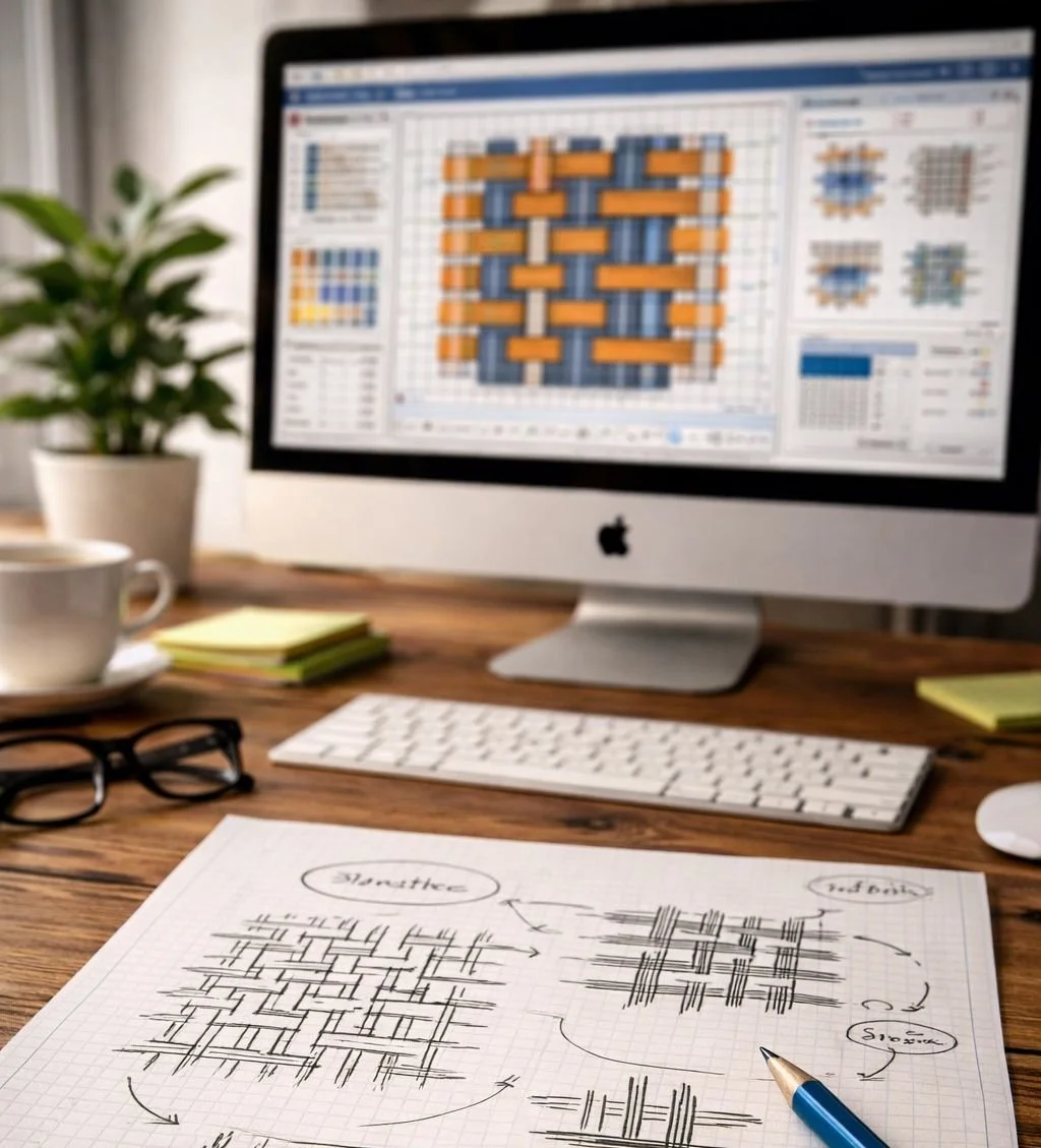 Un bureau avec un ordinateur iMac affichant des graphiques et des plans de données. Sur la table, il y a des notes écrites à la main, des lunettes, une tasse de café, un tourne-disque, des post-it et une plante verte.