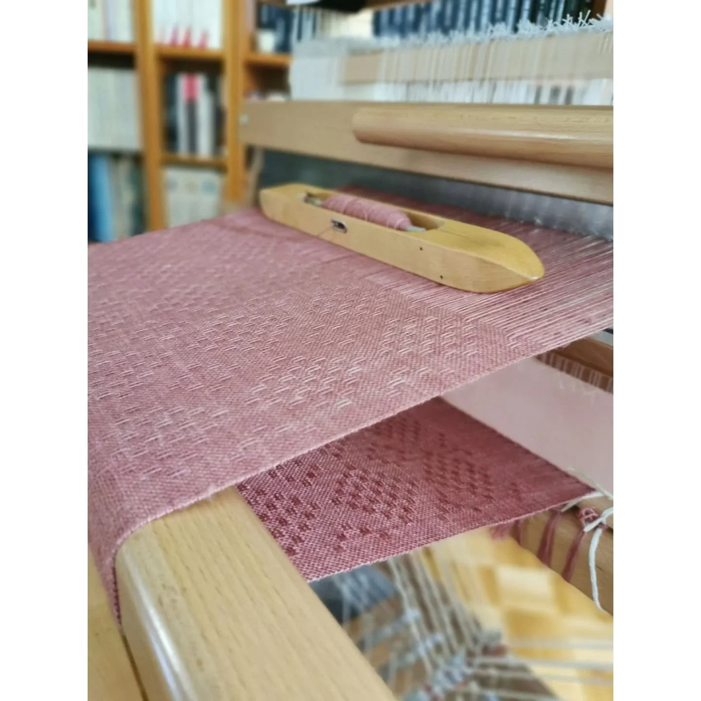 Another Huck Lace scarf, this time made from pure, hand-dyed Tussah silk. You&rsquo;ll have to wait until it&rsquo;s been washed to see the actual pattern, as it&rsquo;s only during the wet finishing process that hand-woven lace fabrics reveal their 