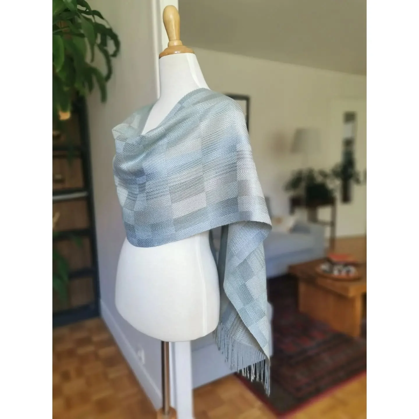 The weaving was a struggle due to a series of broken warp threads, and the result is far from perfect because of these broken threads, which weren&rsquo;t always replaced. But I really like the colour achieved by combining three shades of this Tencel