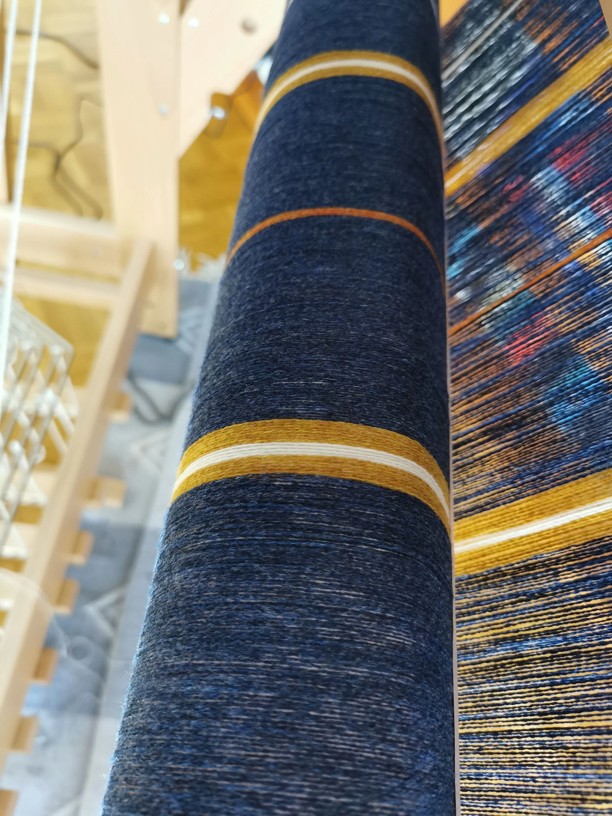 Détail de la chaîne de l'écharpe Loch enroulée sur l'ensouple arrière du métier à tisser : bandes écrues, orangées et dorées sur fond bleu profond