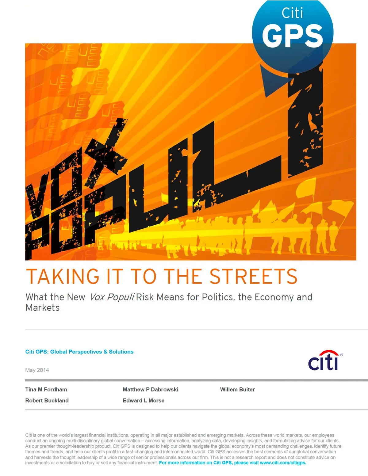 Document cover titled 'Vox Populi: Taking It to the Streets,' published by Citi in May 2014, with an orange background and a silhouette of protesters holding umbrellas.