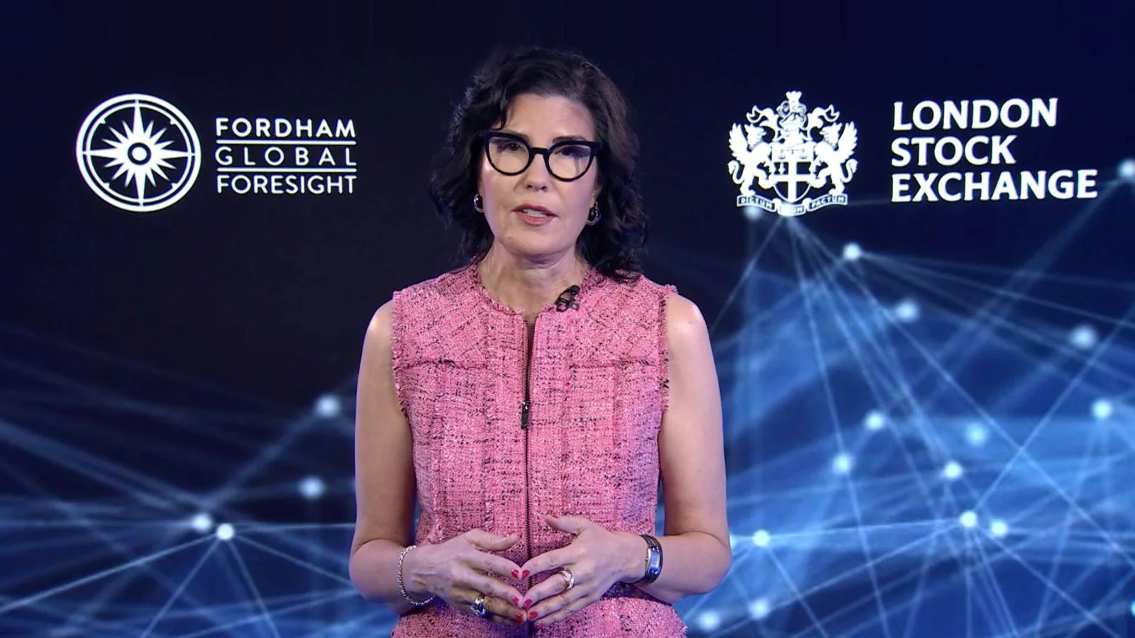 Tina Fordham presenting The Navigator with logos of Fordham Global Foresight and London Stock Exchange, and a connected digital network graphic.