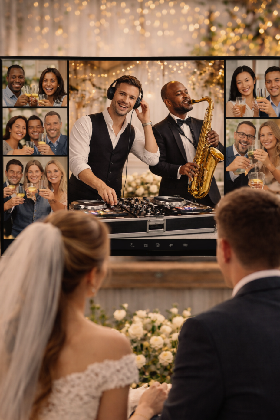 Couple at wedding reception watching a live video feed of musicians performing with a DJ and a saxophonist, raising glasses in celebration.