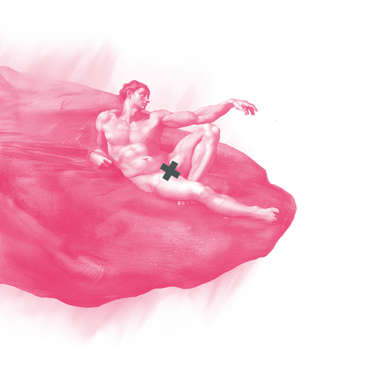 Michangelon maalaus creation of adam, aatami erotettuna taustastaan pinkillä värillä värjättynä.