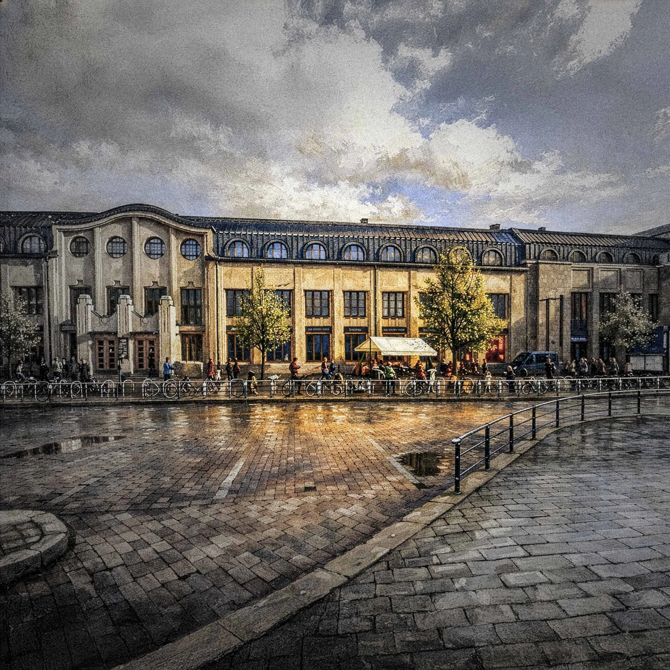 Helsingin päärautatieaseman länsisiipi Elielinaukiolta katsottuna, kuva tehty maalaustyylillä tekoälyä käyttäen.