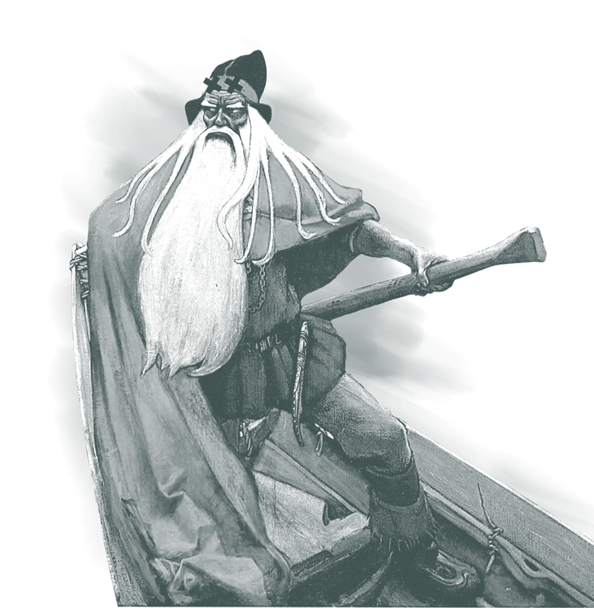 Akseli Gallen-Kallelan maalauksesta Väinämöisen lähtö, Väinämöinen erotuttuna taustastaan ja värjätty mustavalkoiseksi. Parrakas mies pitkällä valkoisella parralla puisessa veneessä pitämässä peräsintä.