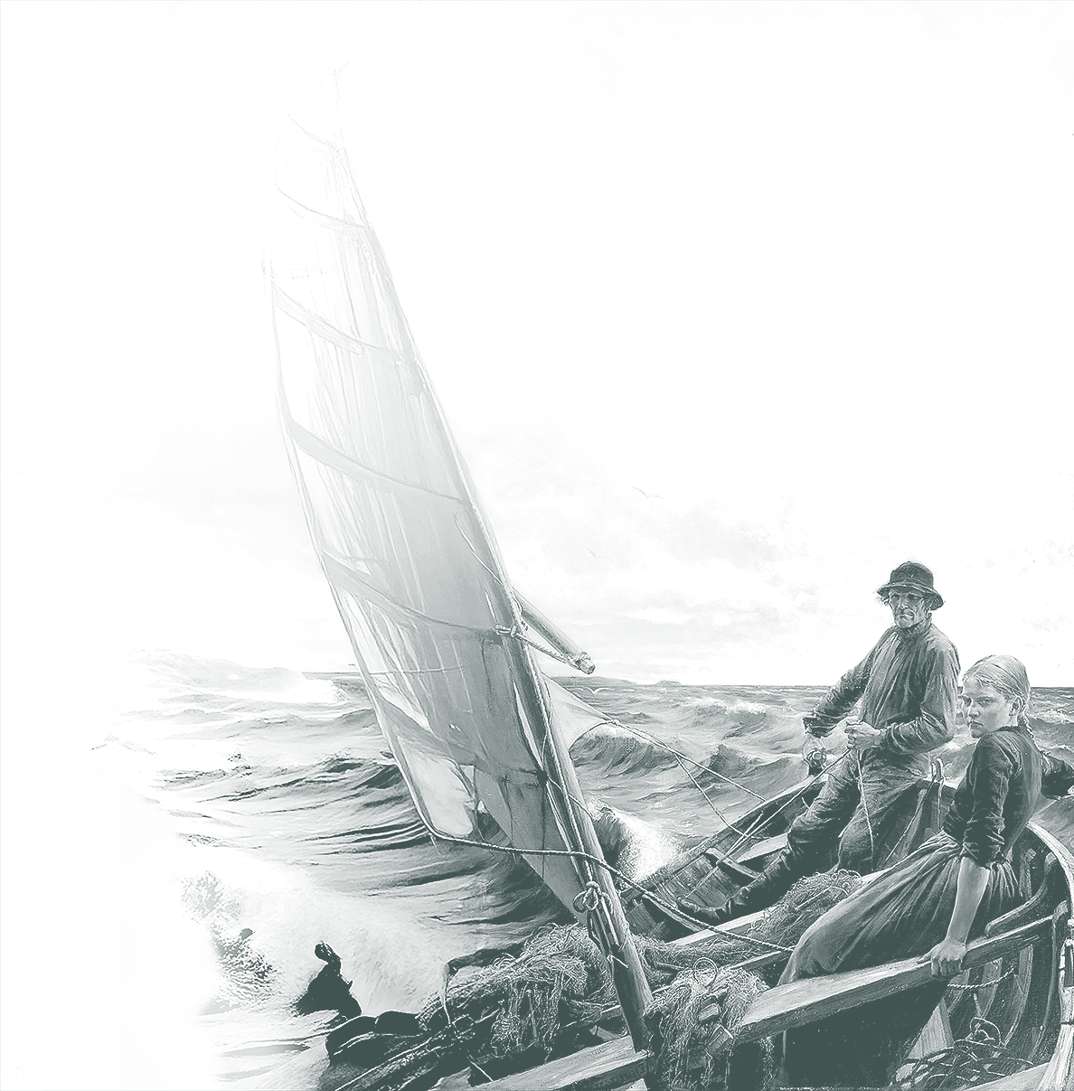 Albert Edefeltin maalaus Merellä erotuttuna taustastaan ja käsiteltynä mustavalkoiseksi. Mies ja tyttö puisessa purjeveneessä merellä purjehtimassa.