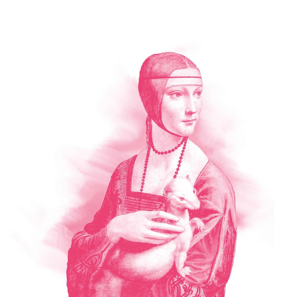 Nainen ja Kärppä maalaus, Leonardo Da Vincin maalaus , hahmot erotettu taustastaan ja värjätty La Komian pinkillä