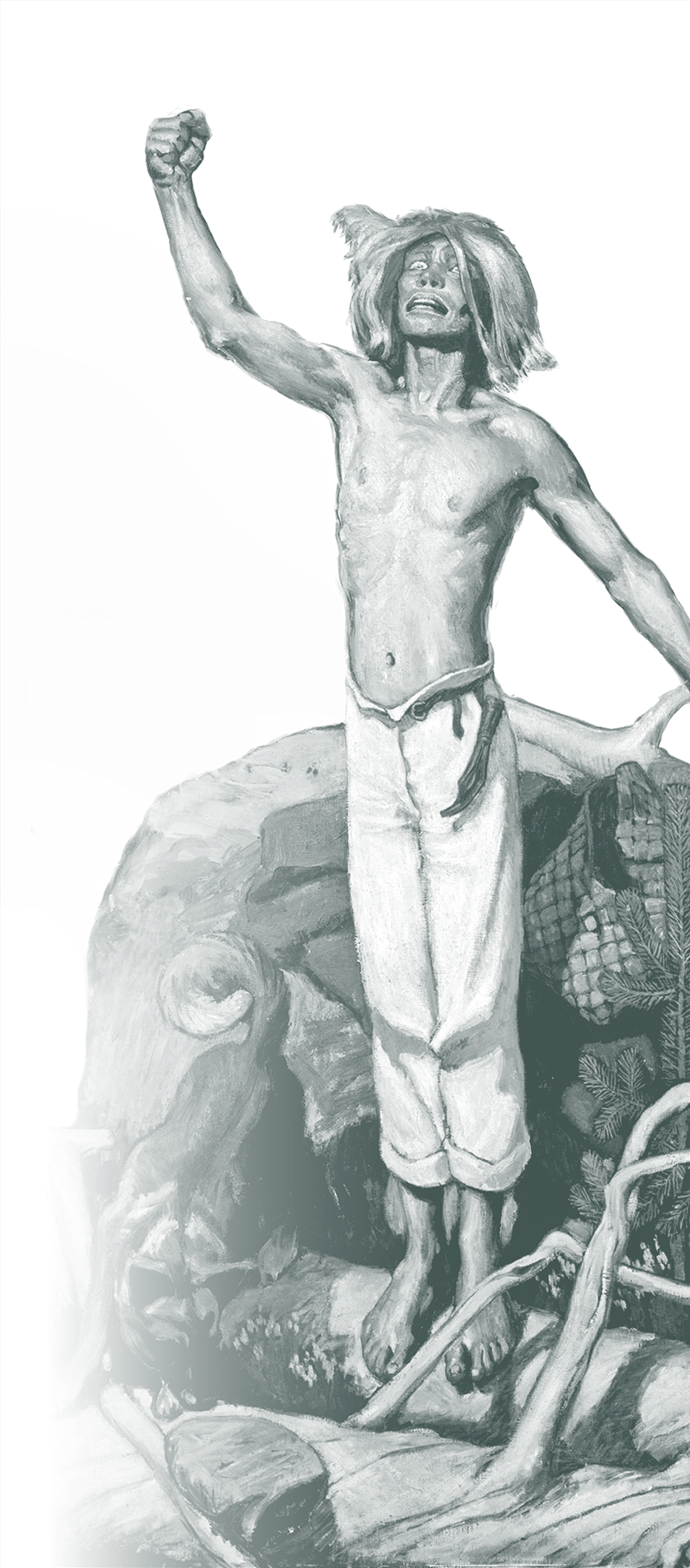 Akseli Gallen-Kallelan maalauksesta Kullervon kirous, Kullervo käsi pystyssä heristää nyrkkiää. Hahmo alkuperäisestä erotettu taustastaan.