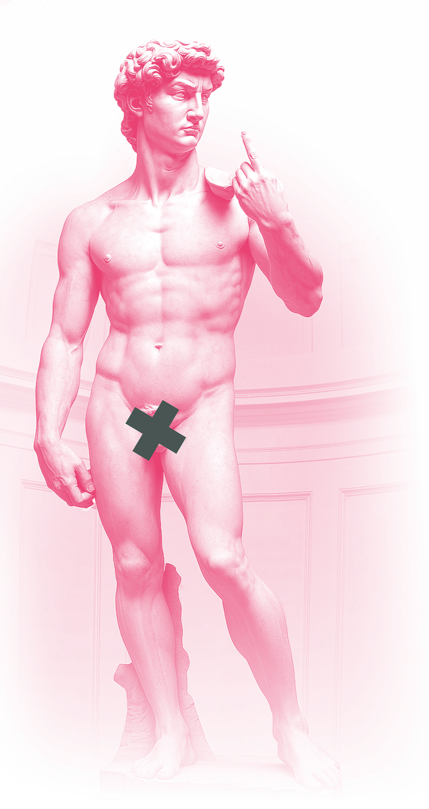 La Komian David patsas pinkillä värillä sormi pystyssä ylöspäin.