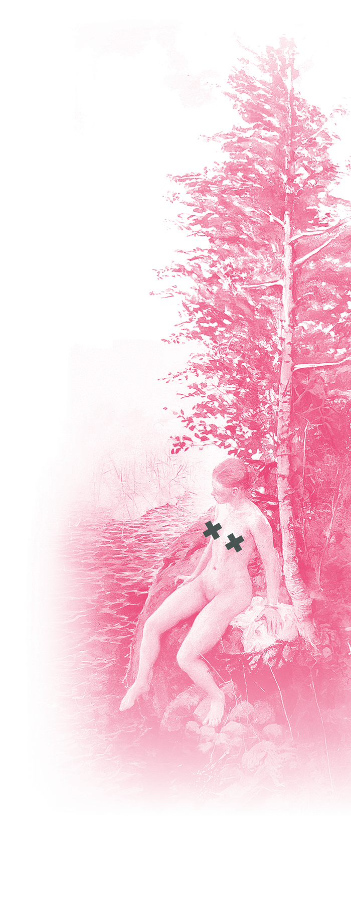 Akseli Gallen-Kallelan Vennamo ja Aino maalaus La Komian pinkillä värillä. Alaston nainen istuu rantakivellä ja vedessä Vellamo venedenneidot kutsuvat häntä. Taustalla koivuja ja metsää.