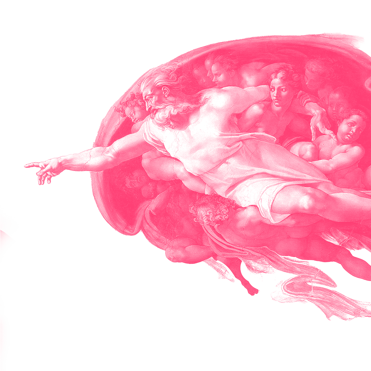 Michelangelon Aatamin luominen maalauksesta jumala erotettuna taustasta La Komian pinkillä värillä. Jumala kurkottaa sormella vasemmalla.