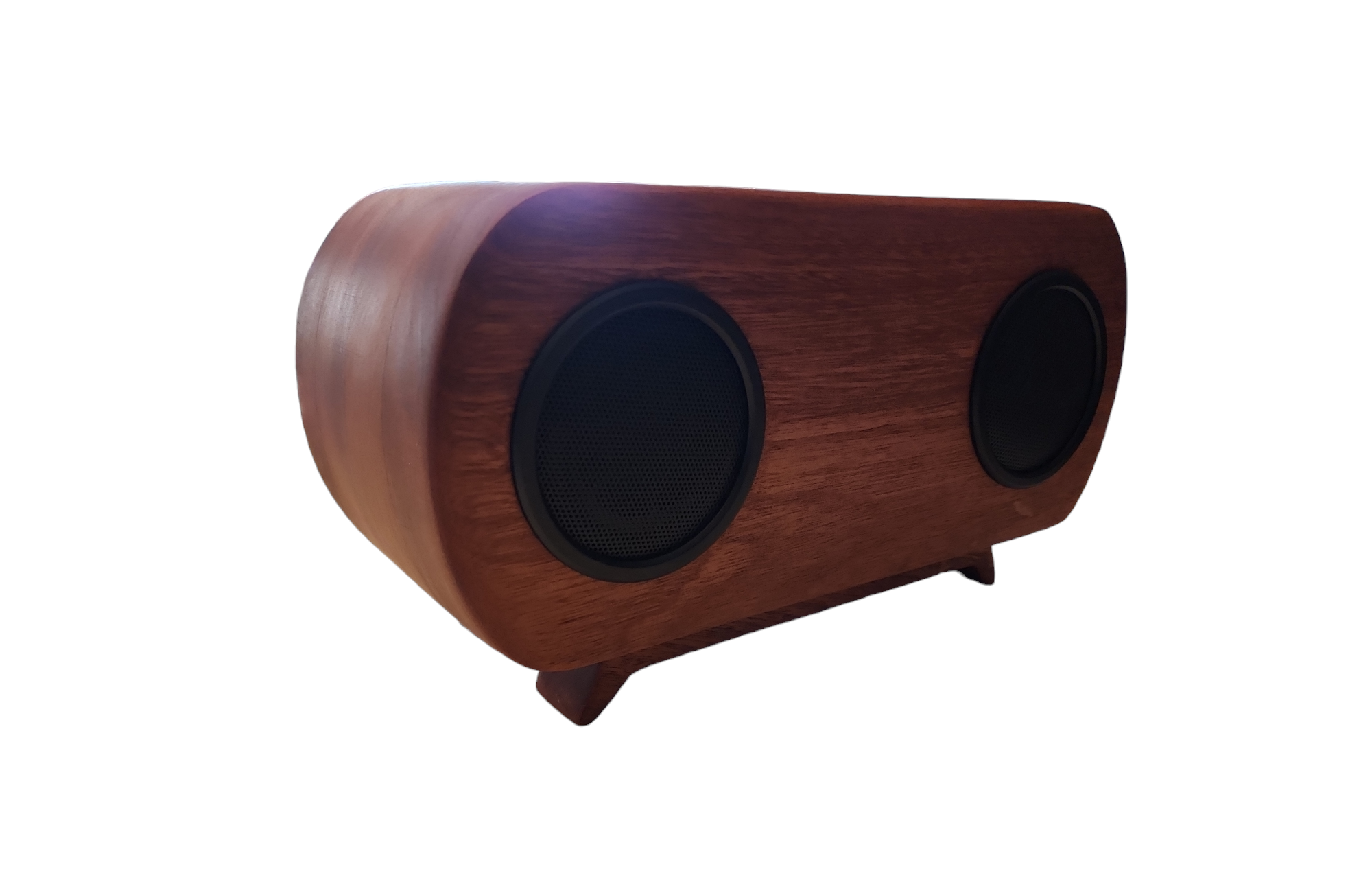 A wooden speaker with two black circular speaker grills on the front, set against a white background.
