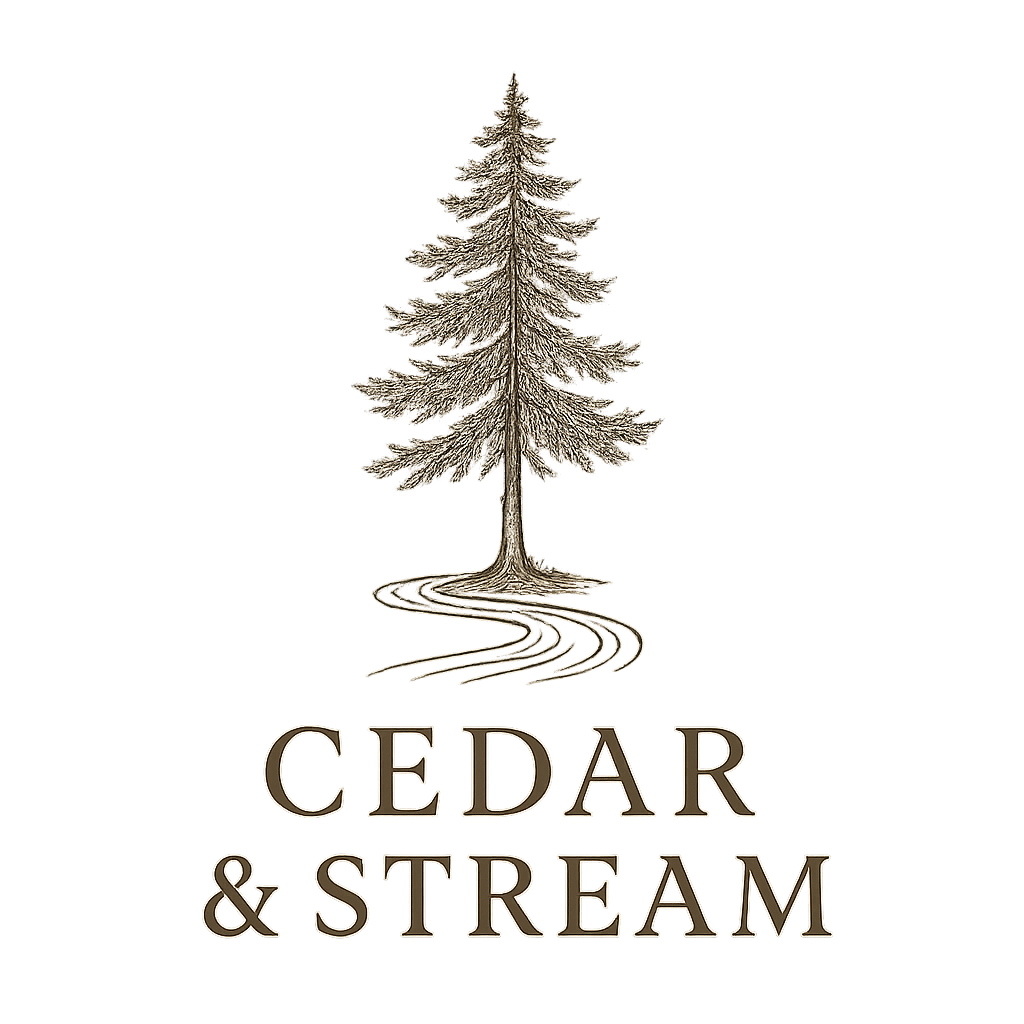 Illustration of a tall pine tree with roots and flowing stream lines at its base, above the text 'Cedar & Stream' in beige letters.