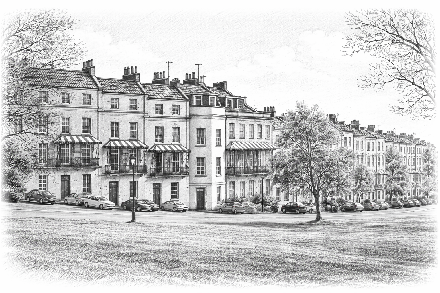 Black and white sketch of a row of multi-story apartment buildings with small balconies on the second floor, parked cars along the street, leafless trees, and a grassy area in the foreground.