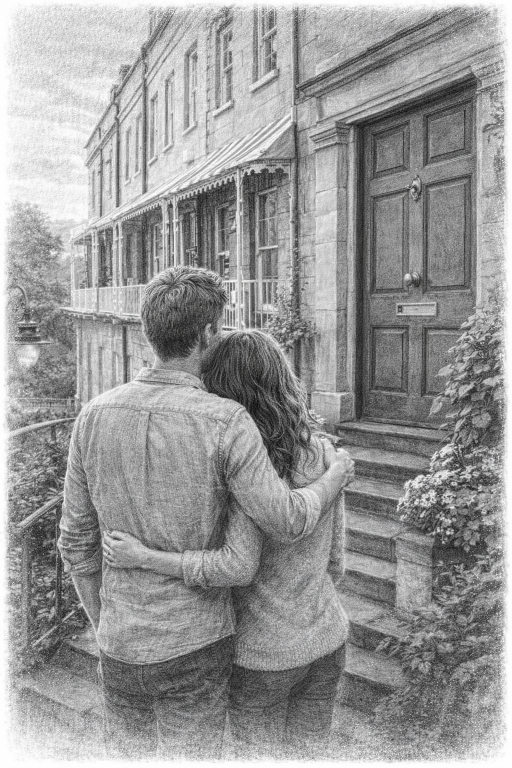 A black and white sketch of a couple with their backs turned, standing on steps outside a building, embracing as they look at a large door with a mail slot.