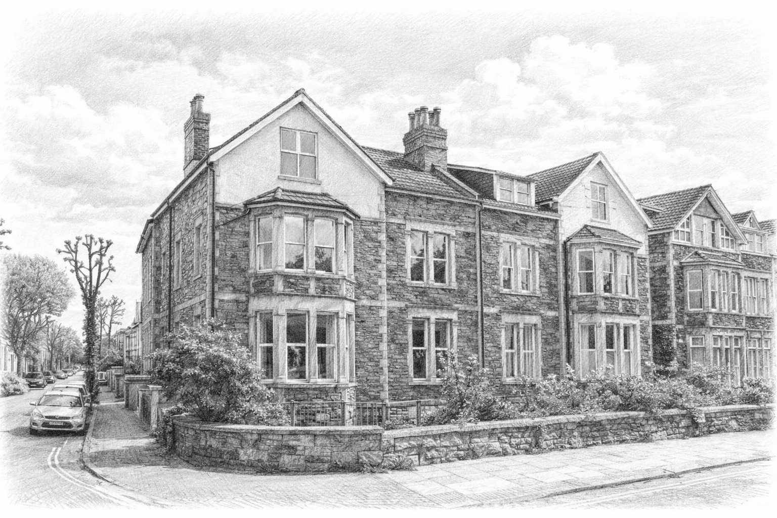 A black and white sketch of a row of old stone houses with bay windows, chimneys, and children on the sidewalk, with trees and parked cars along the street.