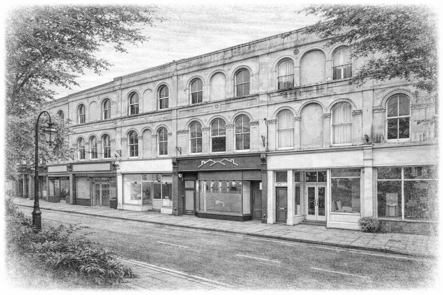 An old black-and-white photo of a city street showing a multi-story building with large windows and a storefront at the ground level, street lamps, and trees lining the sidewalk.