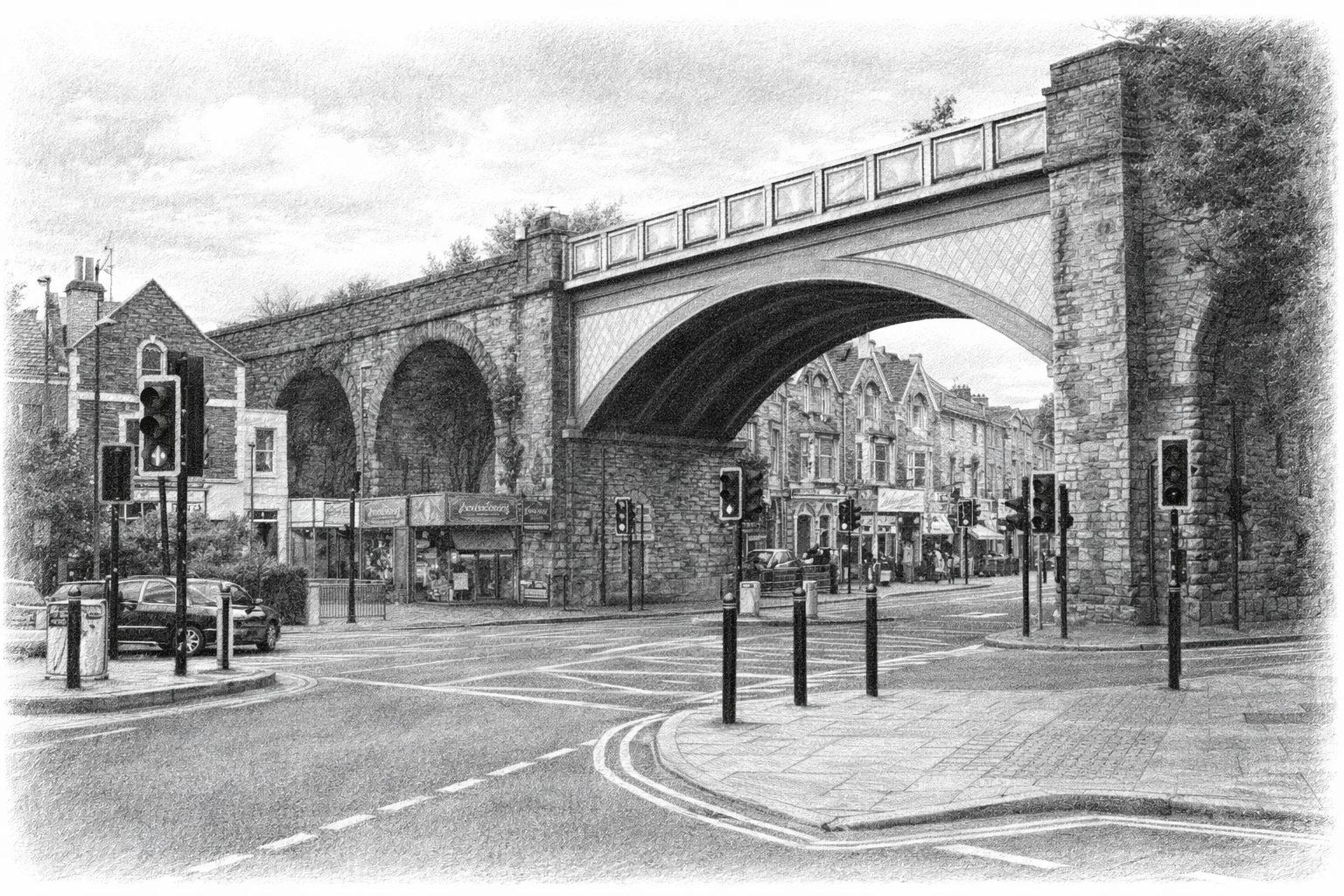 A black and white photo of a street scene with an elevated railway bridge over the road. Multiple traffic lights and some parked cars are visible, along with buildings on both sides of the street. The scene has a vintage feel.