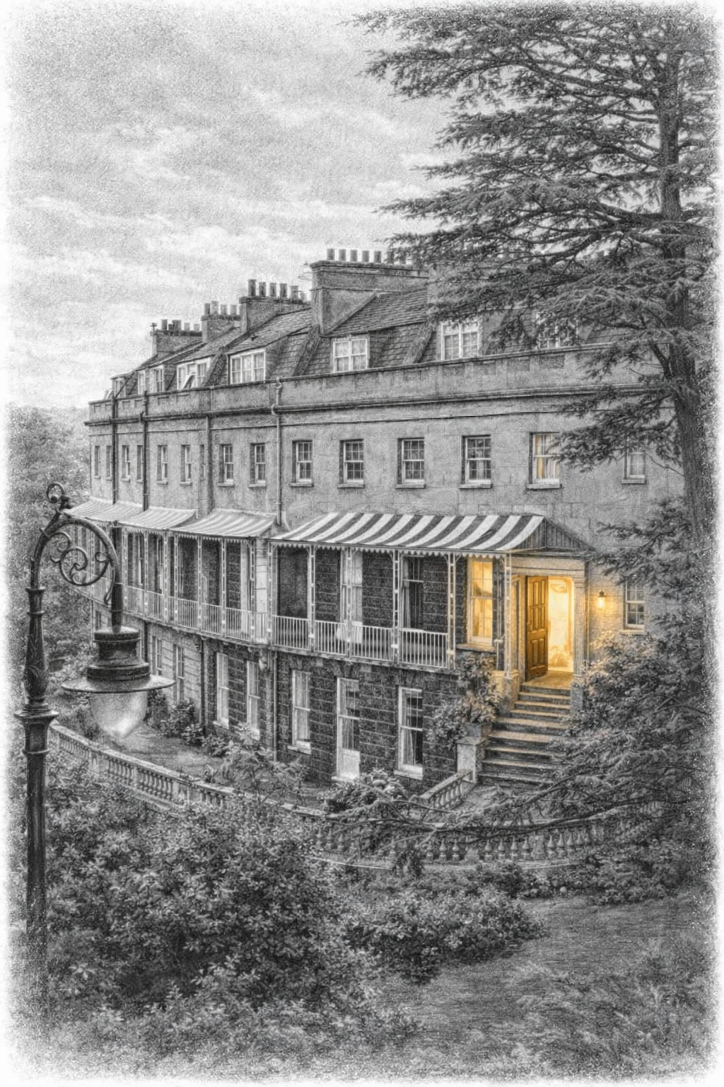 A black-and-white drawing of a large, old building with multiple chimneys and a street lamp in the foreground. The building has a wraparound porch with striped awnings and a glowing warm lit door.
