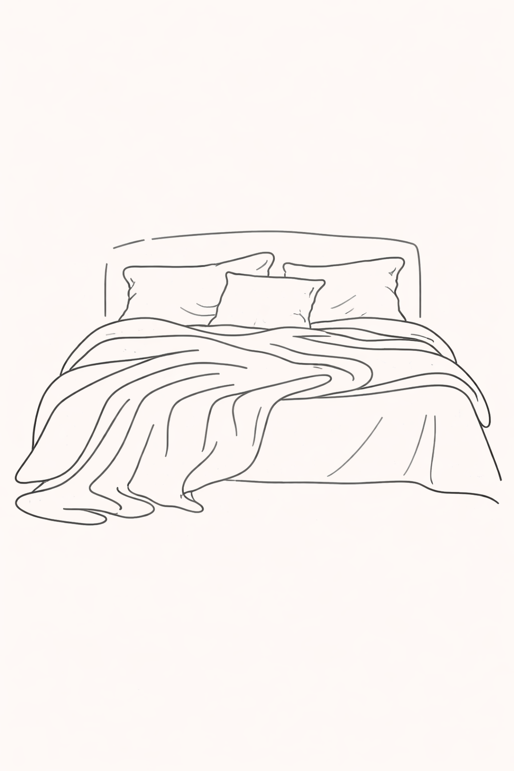 Minimalist line drawing of a messy bed with pillows and a blanket.