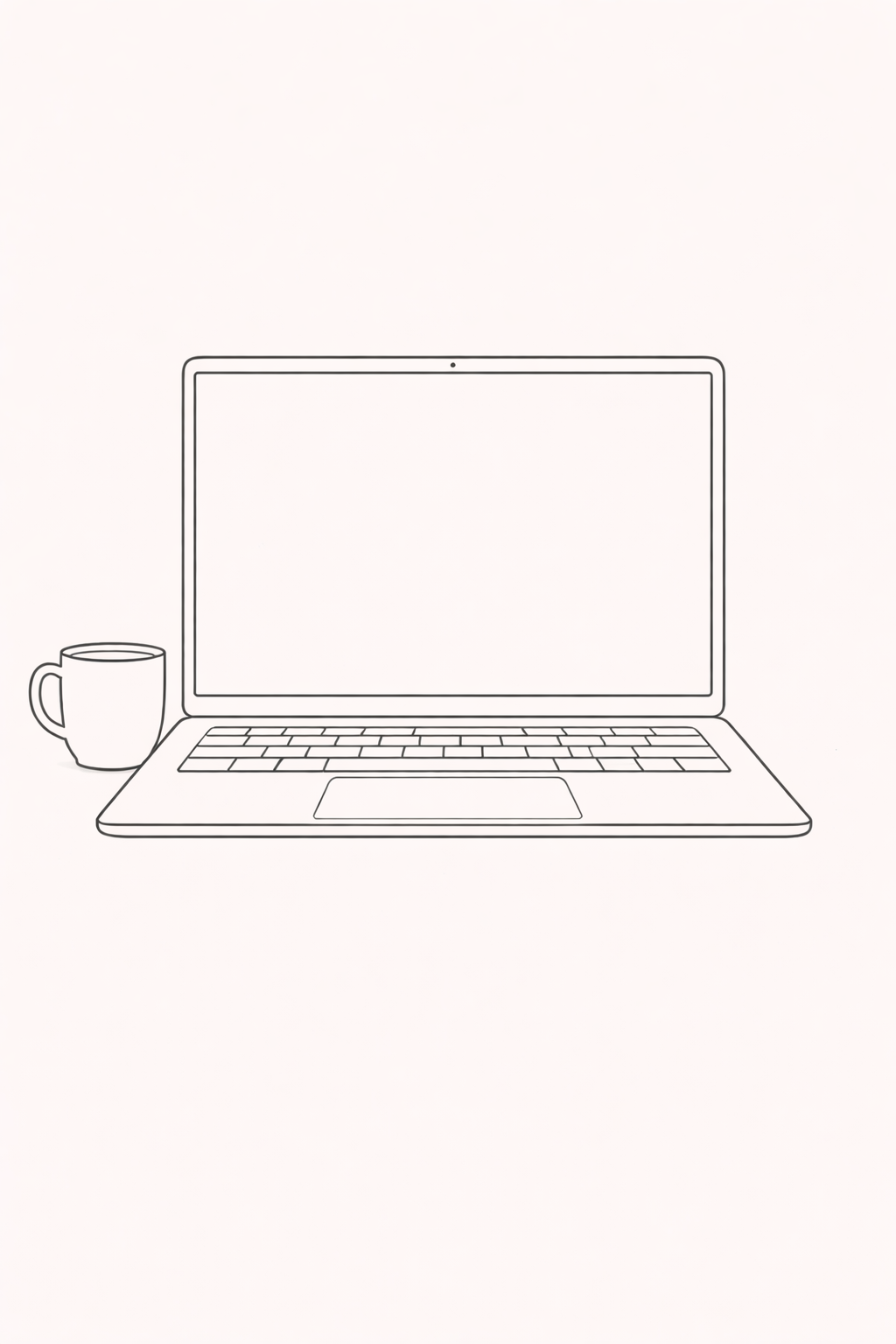 Line drawing of a laptop computer with a coffee mug next to it on the left side, placed on a plain background.