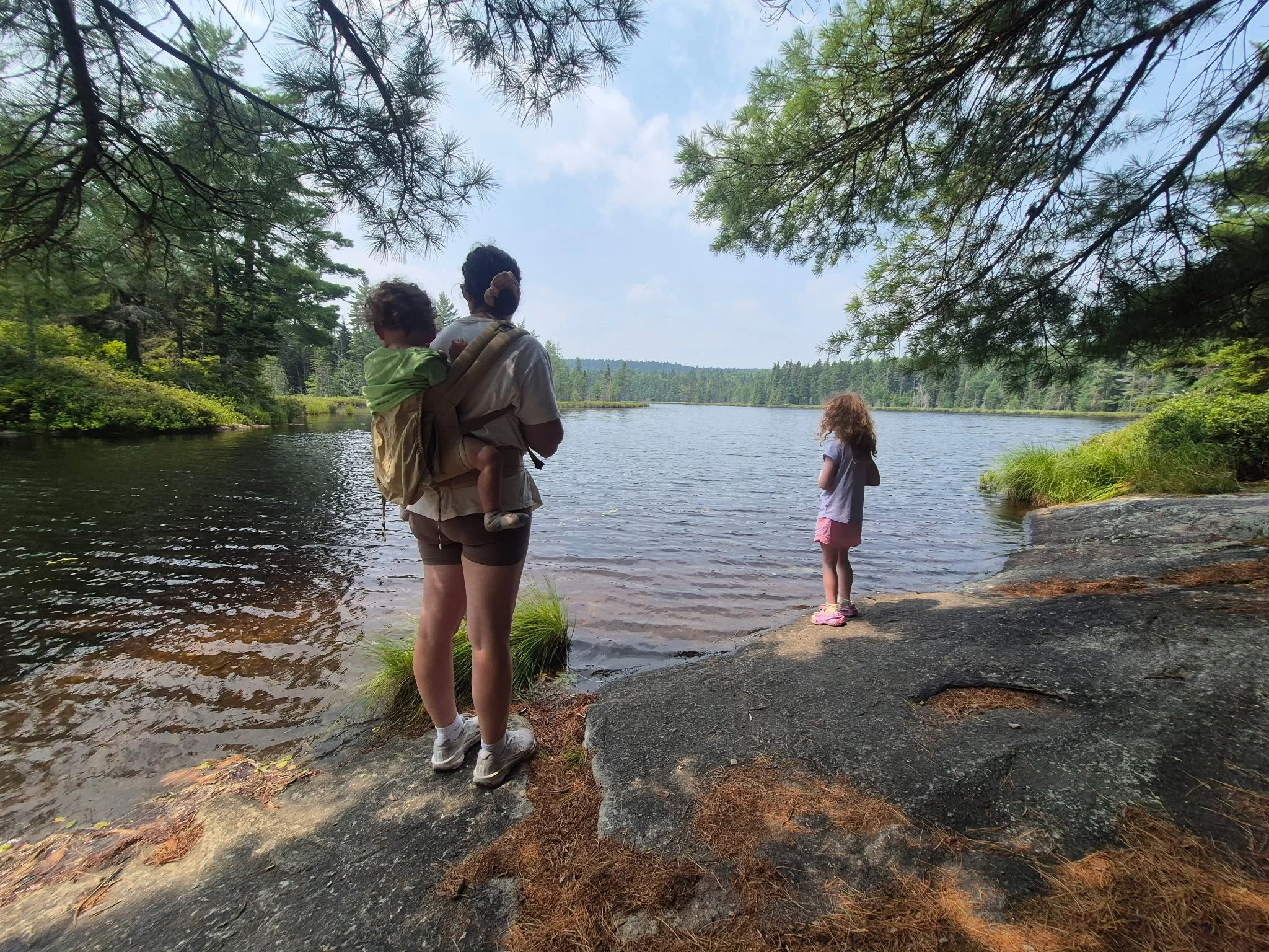 A woman carrying a small child in a backpack carrier stands by the edge of a lake, looking out at the water. A young girl stands nearby on the rocks, also gazing at the lake. The scene is framed by overhanging pine branches, with a forested shoreline in the background on a cloudy day.