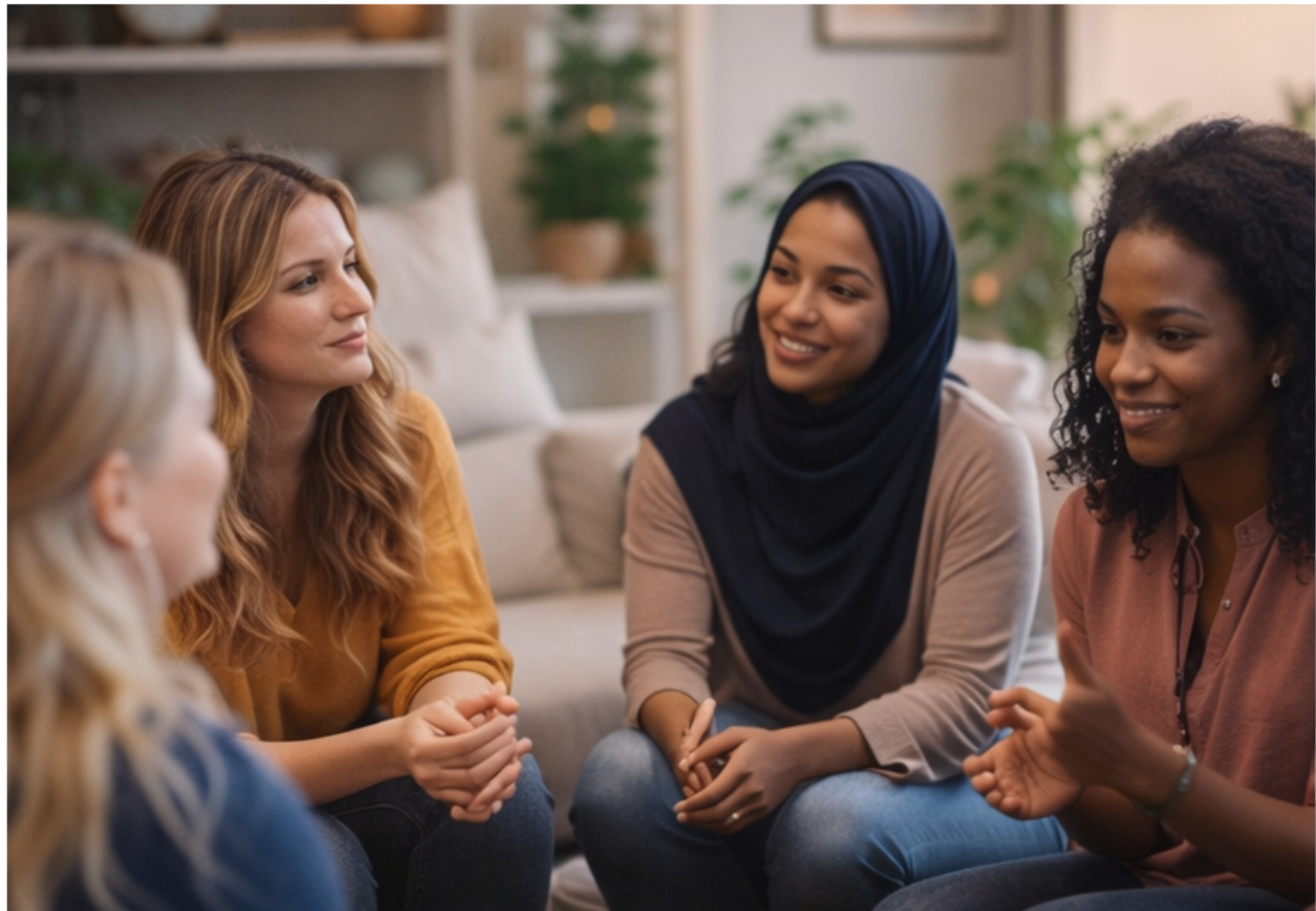 Four women sitting on a sofa engaged in a conversation, with a background of a cozy living room with plants and shelves.
