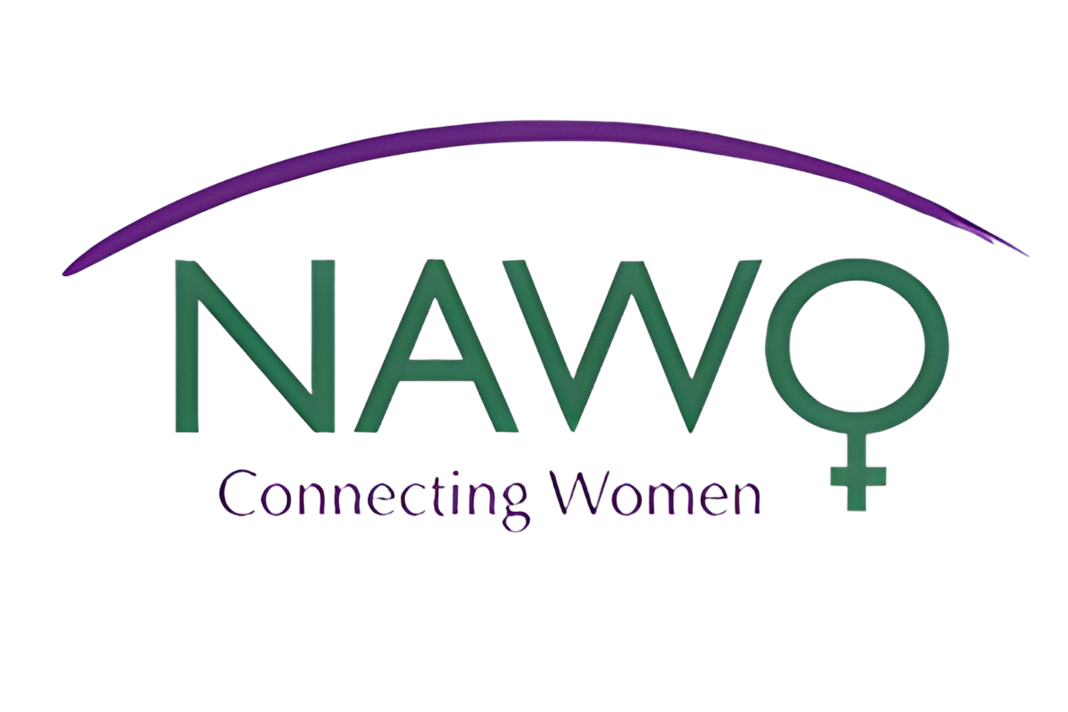 Logo for NAWO, Connecting Women, featuring a purple curved line arching over the green text 'NAWO' with the 'O' stylized as a female gender symbol, and purple text beneath reading 'Connecting Women'.