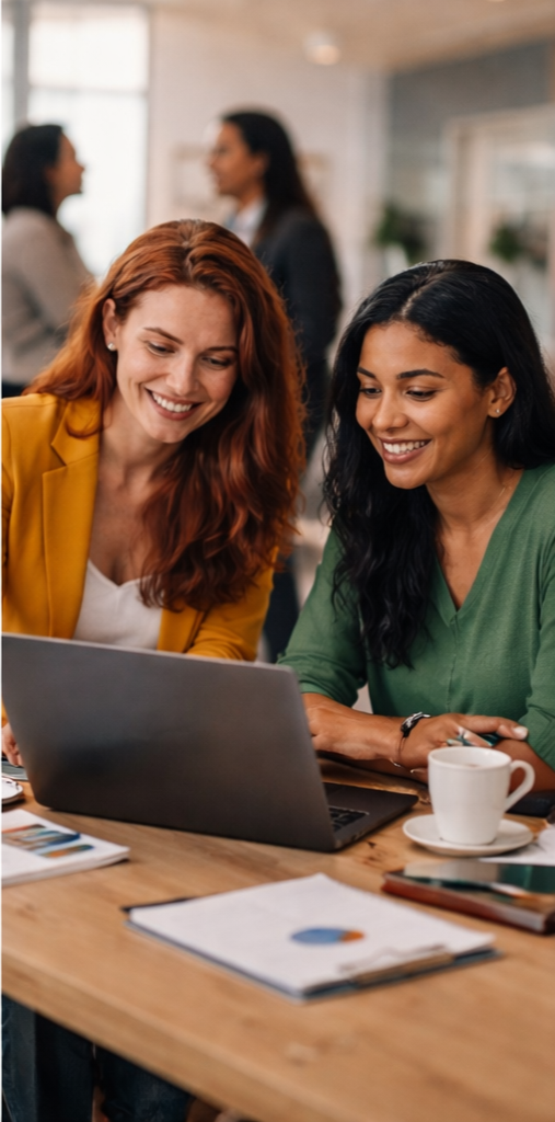 Two women working together at a desk with a laptop, coffee, and documents, smiling and collaborating. In the background, two women are conversing in an office setting.