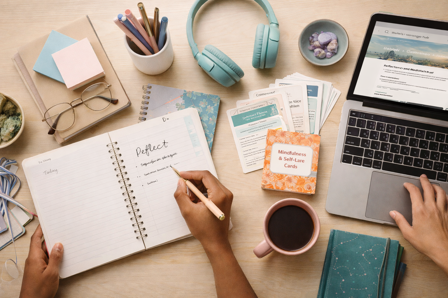 A cluttered wooden desk with a person writing in a notebook titled "Reflect" surrounded by books, notes, a laptop, a cup of coffee, headphones, and office supplies.