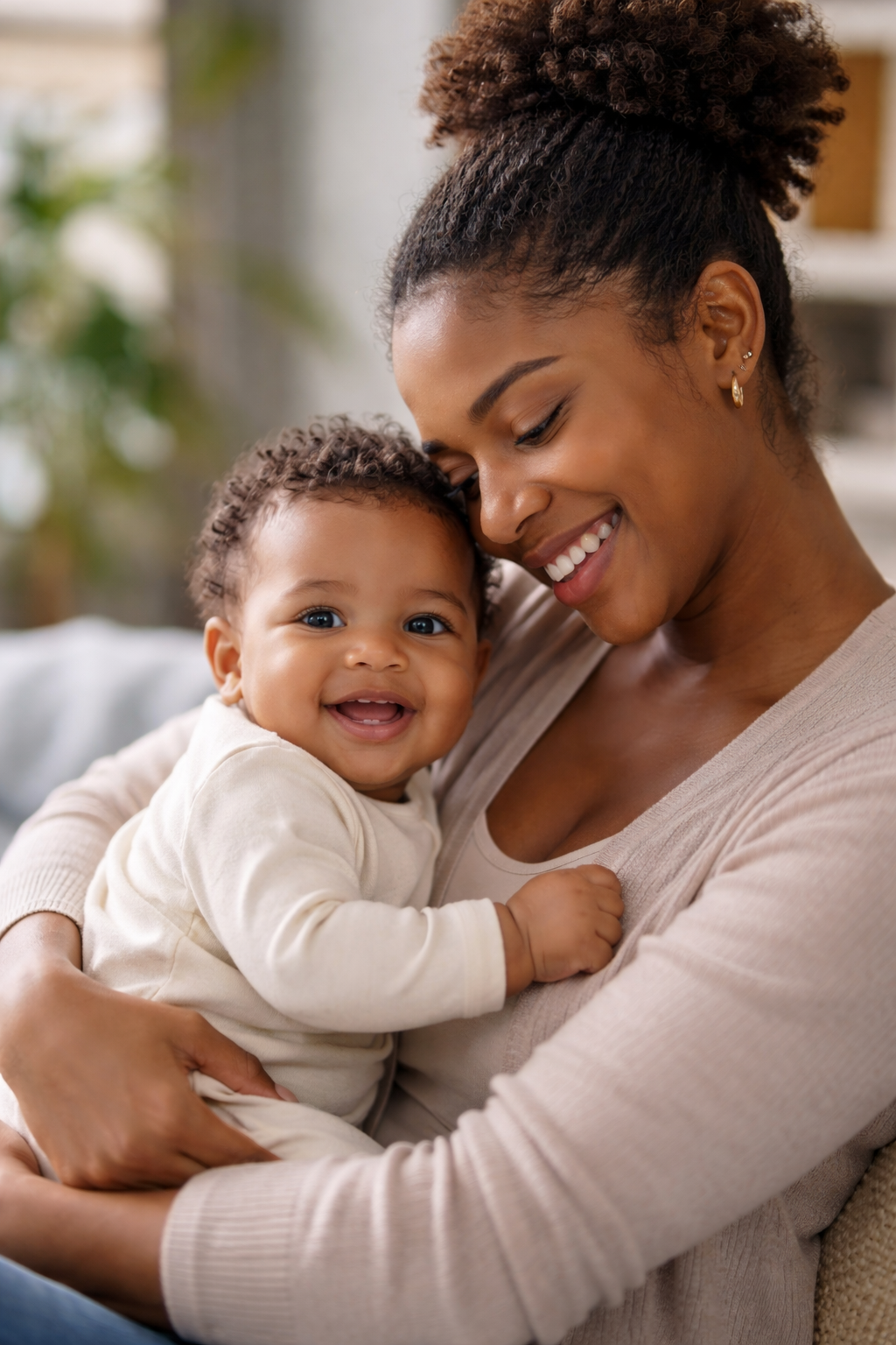 A smiling woman holding a happy baby in her arms indoors.