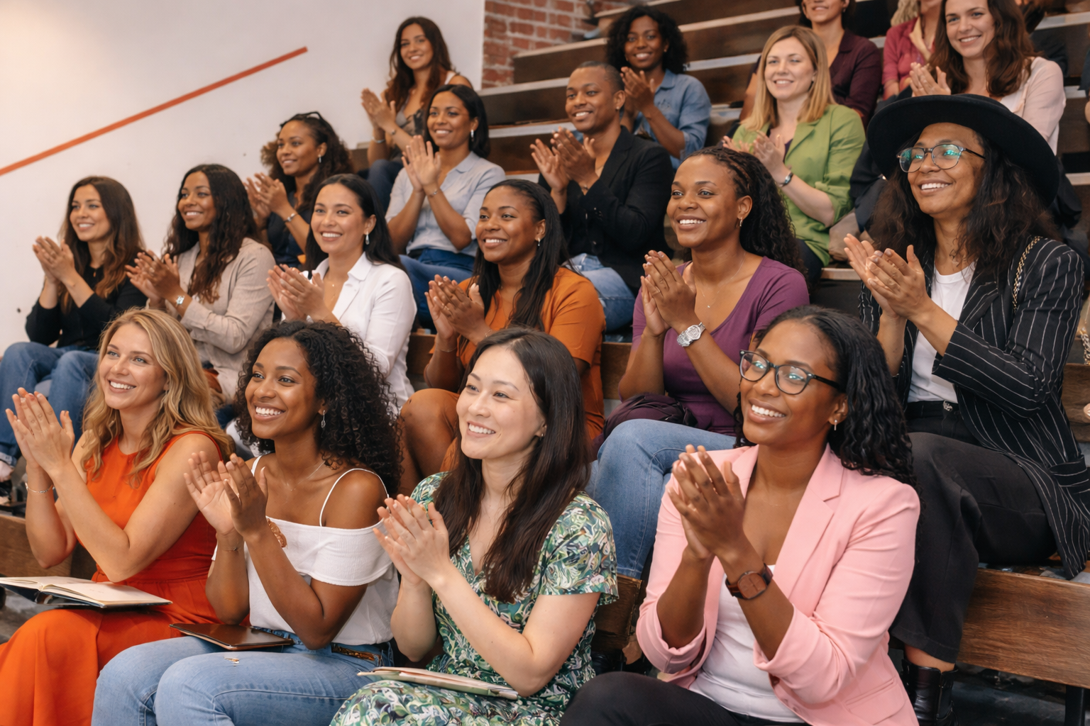 An audience of diverse women and men sitting on wooden bleachers, clapping and smiling during a presentation or performance in a casual indoor setting.