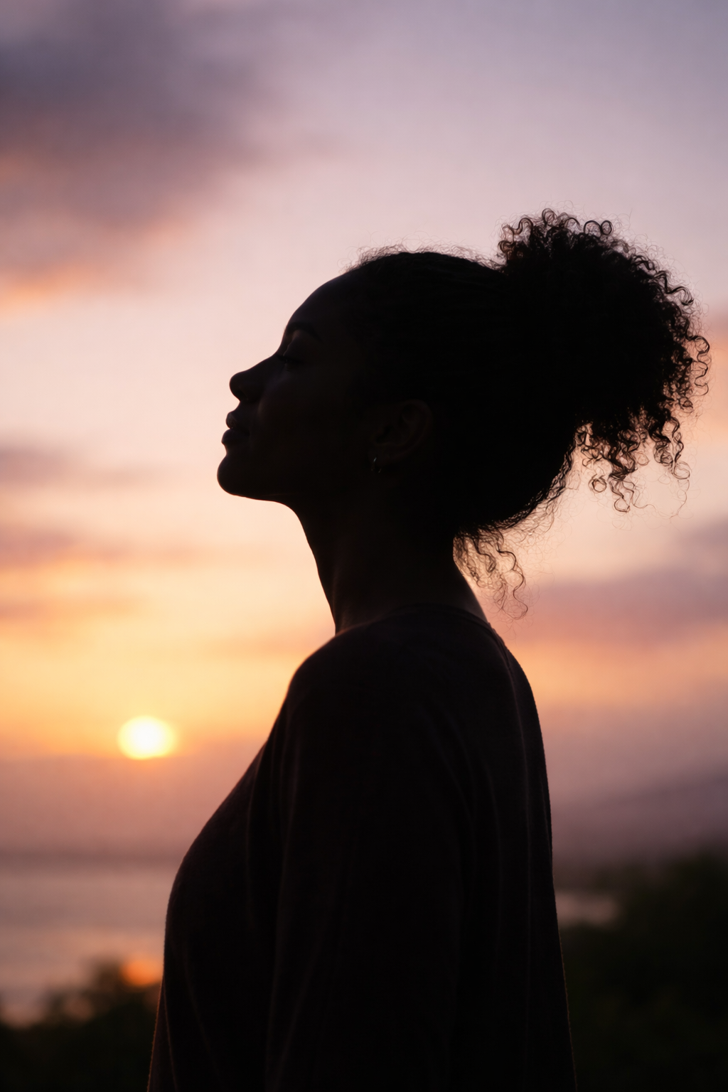 Silhouette of a woman with curly hair standing outdoors during sunset.