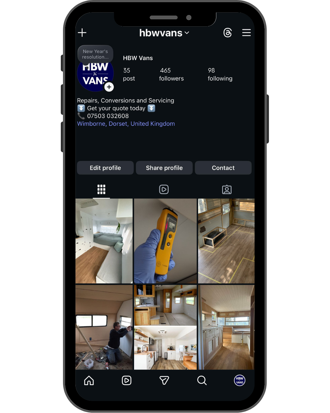 Instagram profile page for HBW Vans showing photos of home renovation and repair projects.