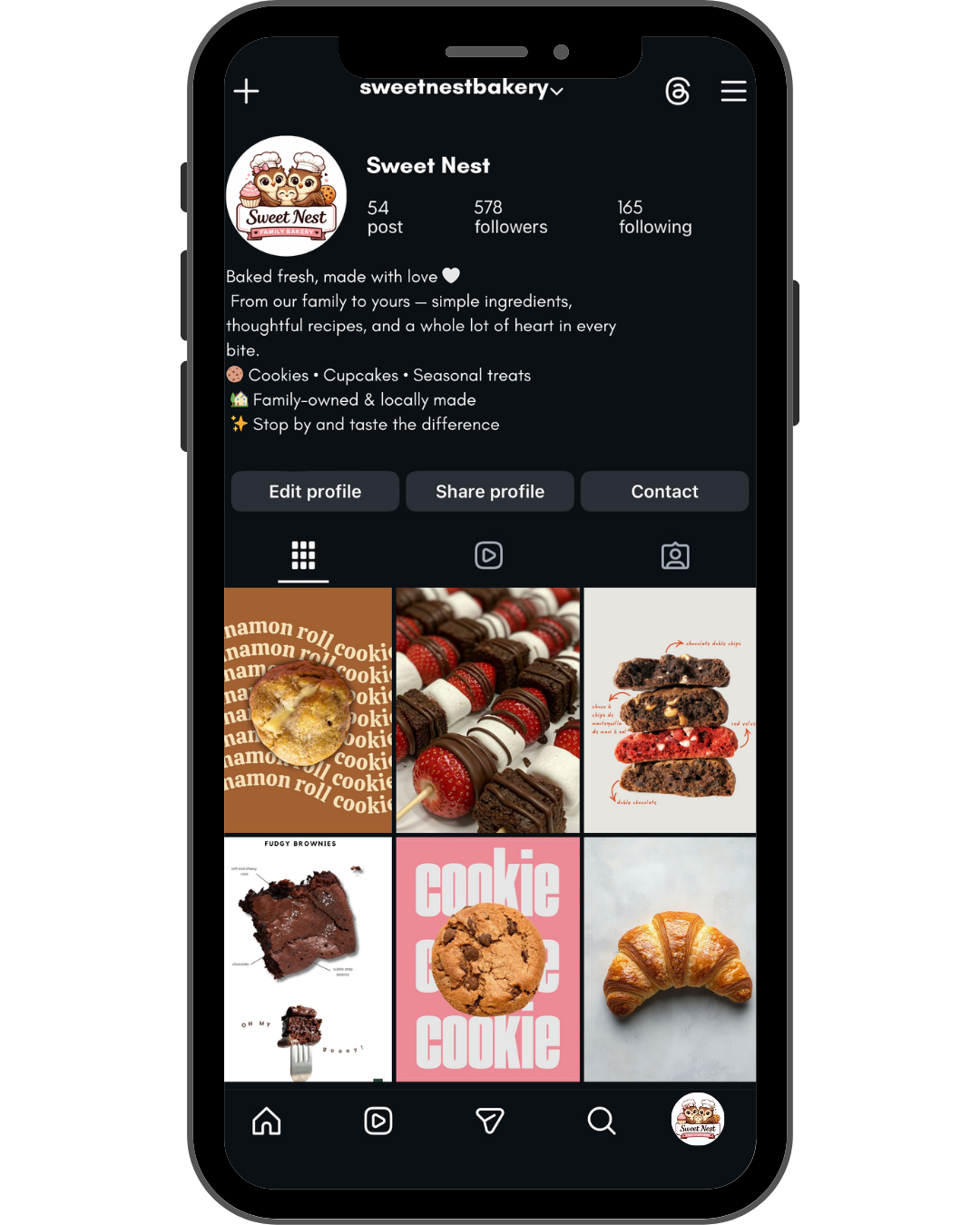 Instagram profile page of Sweet Nest Bakery showing photos of various baked goods, including cookies, croissants, and brownies.