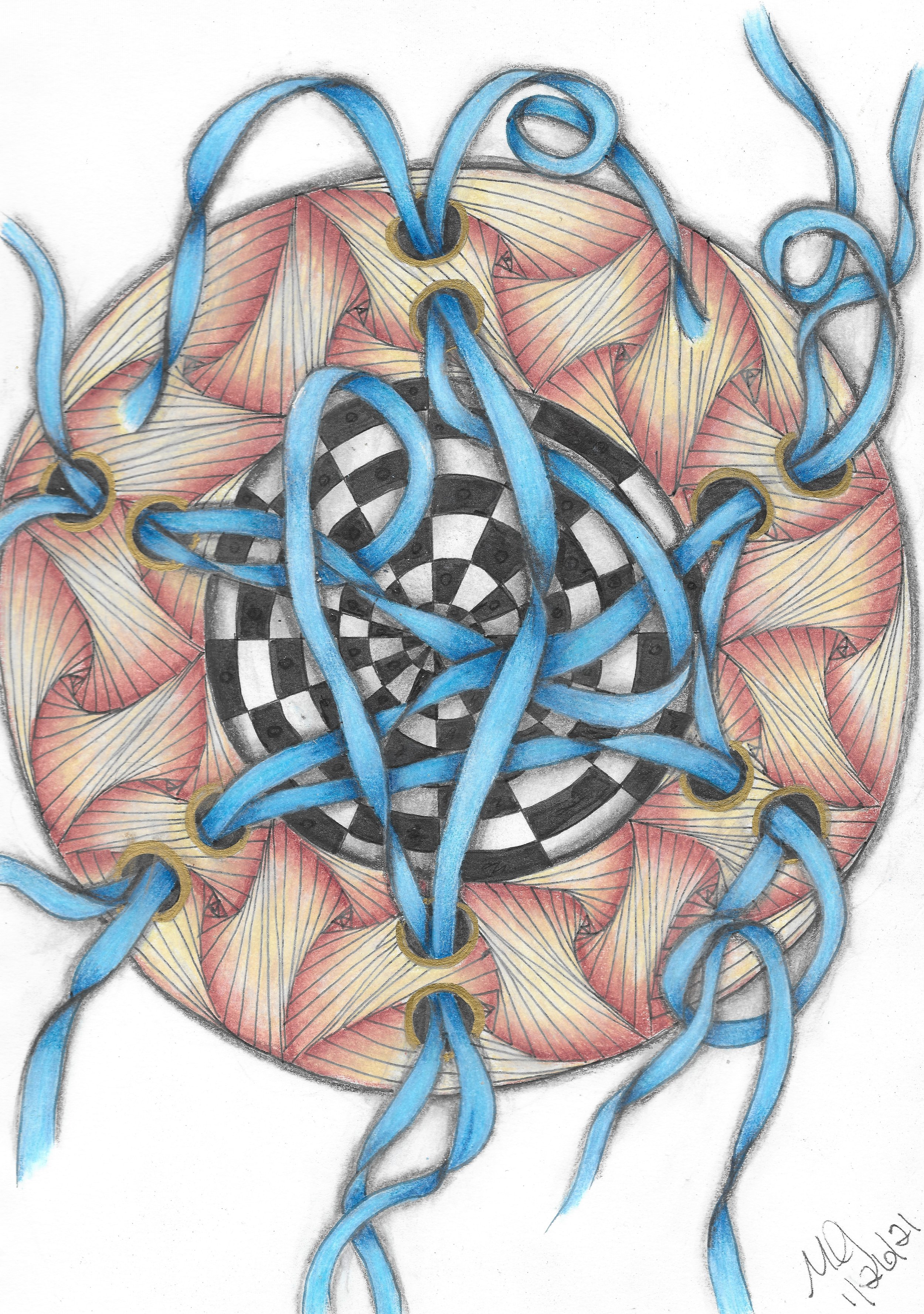 Colorful abstract drawing with a central black and white checkered spiral, blue ribbons, and orange-red petal-like shapes with yellow outlines surrounding it.