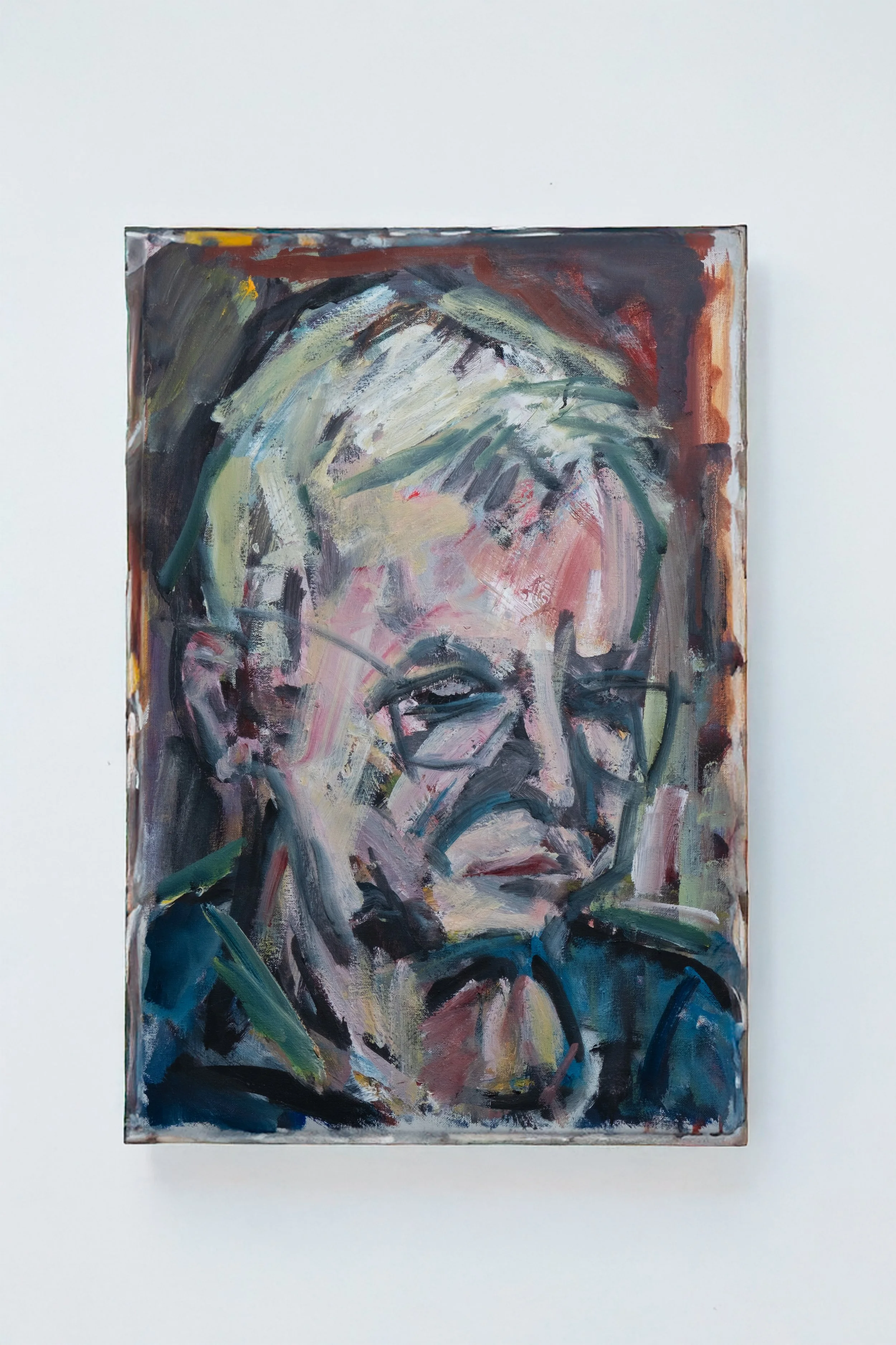 Abstraktes Gemälde einer älteren Frau mit Brille, gemalt mit kräftigen, ausdrucksstarken Pinselstrichen in verschiedenen Farben.