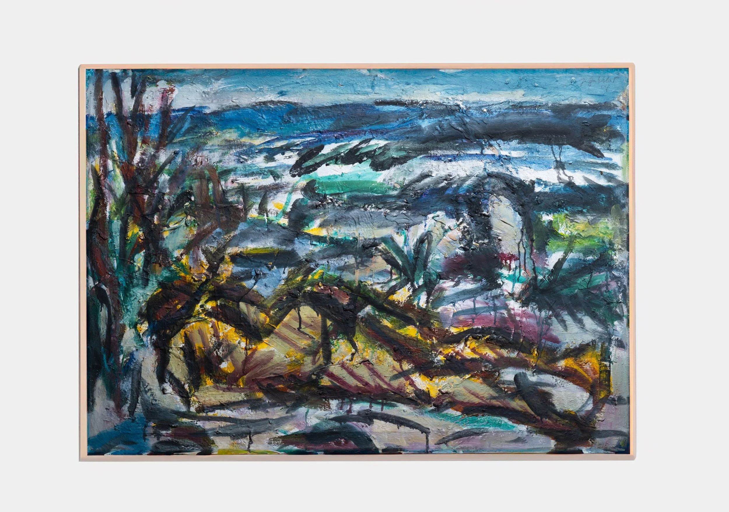 Abstraktes Landschaftsgemälde in leuchtenden Farben, das Bäume, Wasser und Himmel darstellt.