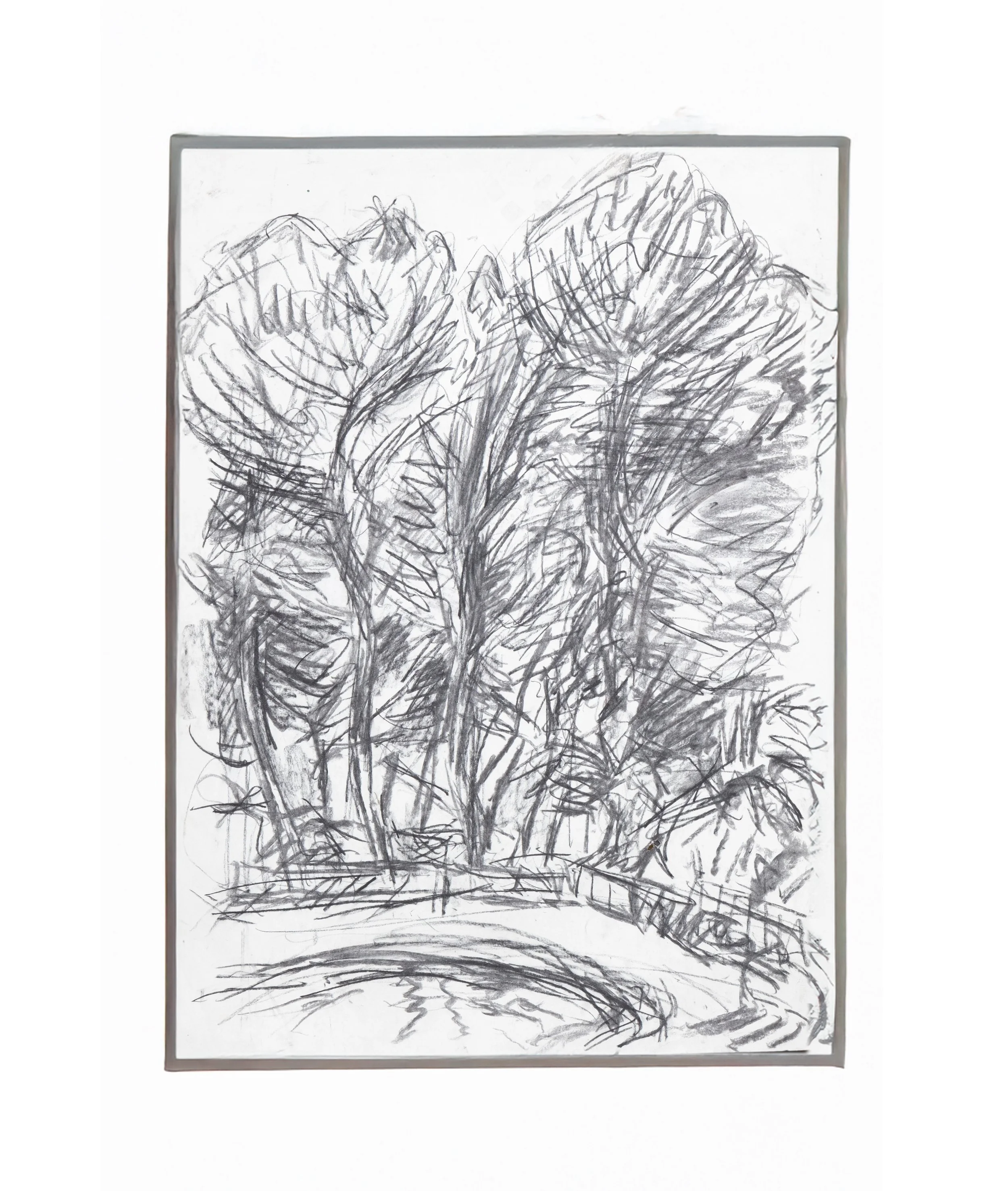 Skizze von Bäumen über einer geschwungenen Brücke oder einem Weg.