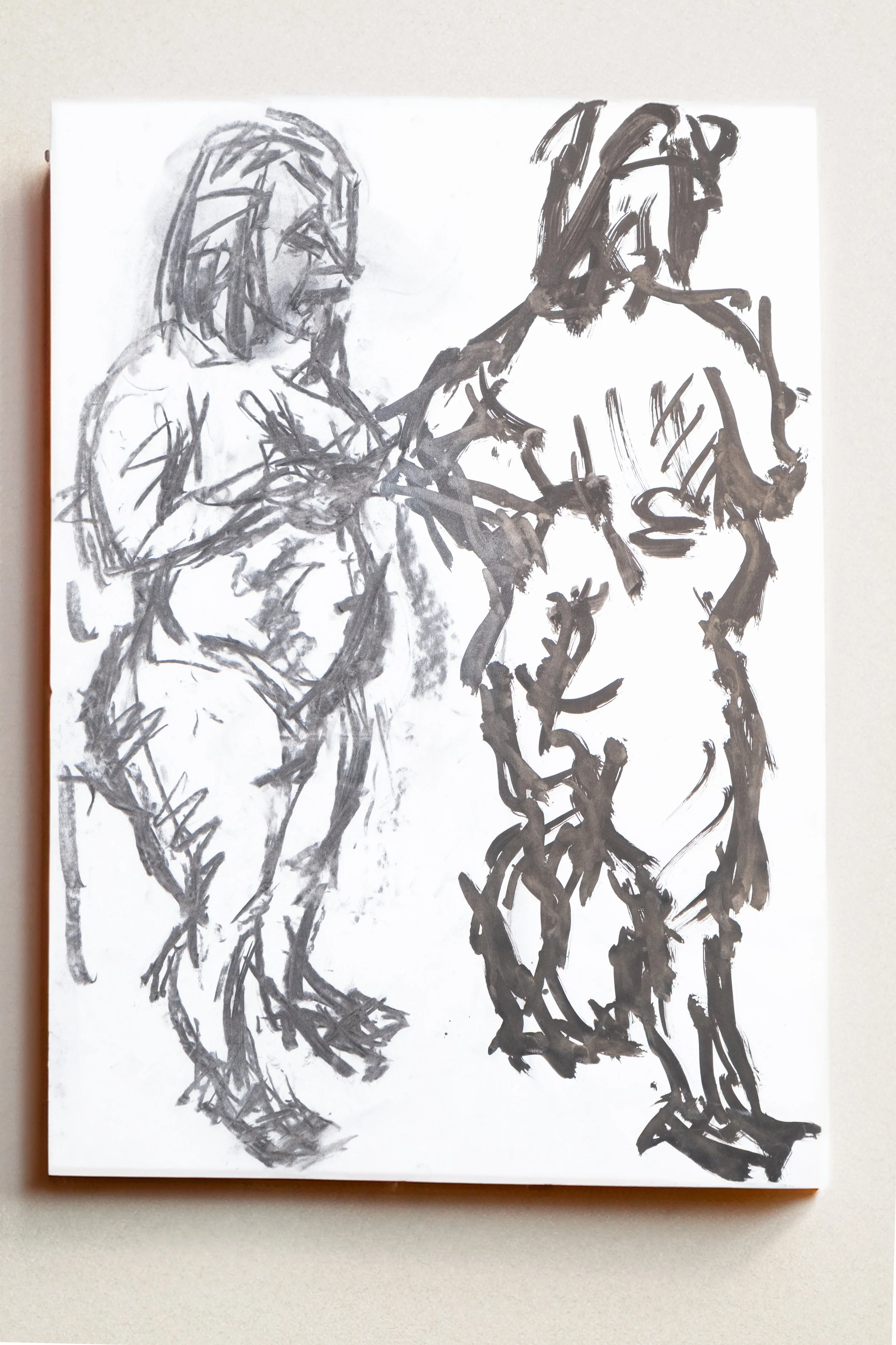 A black and white abstract ink sketch of a person and a horse.