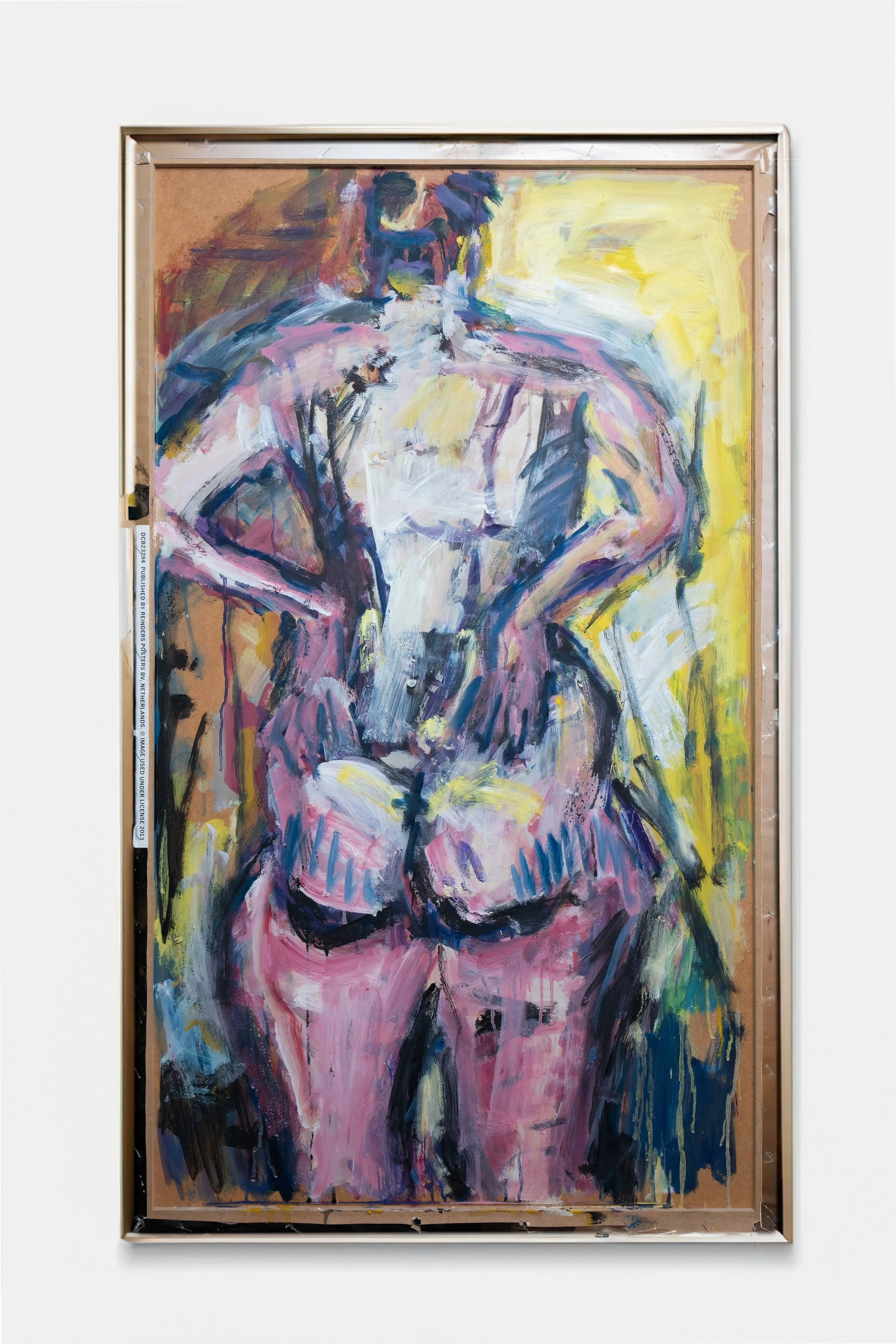 Abstraktes Gemälde einer nackten Frau mit dem Rücken zum Betrachter und in die Hüften gestemmten Armen, ausgeführt mit kräftigen Pinselstrichen und leuchtenden Farben.
