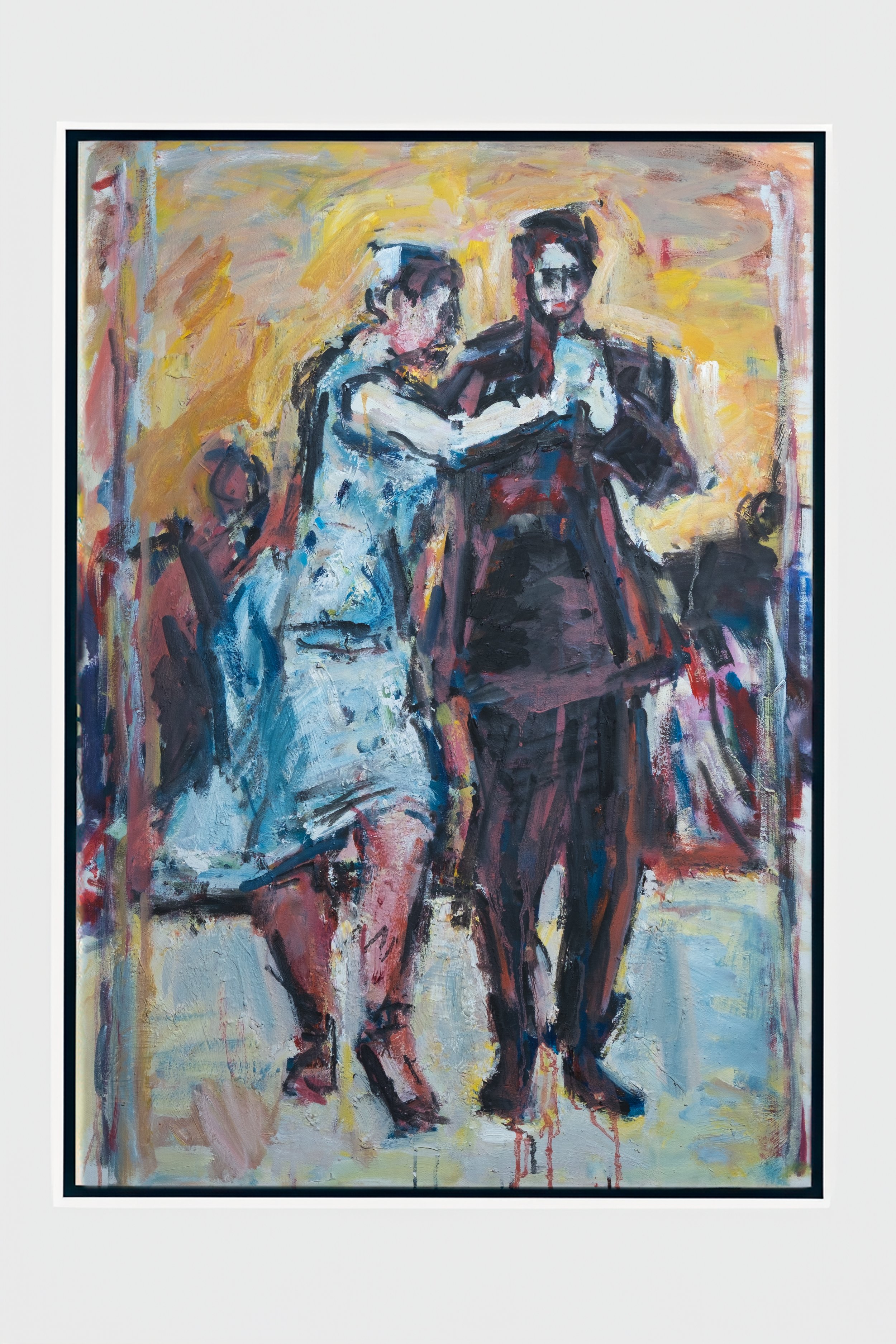 Ein abstraktes, ausdrucksstarkes Gemälde von zwei Frauen, die eng miteinander tanzen.